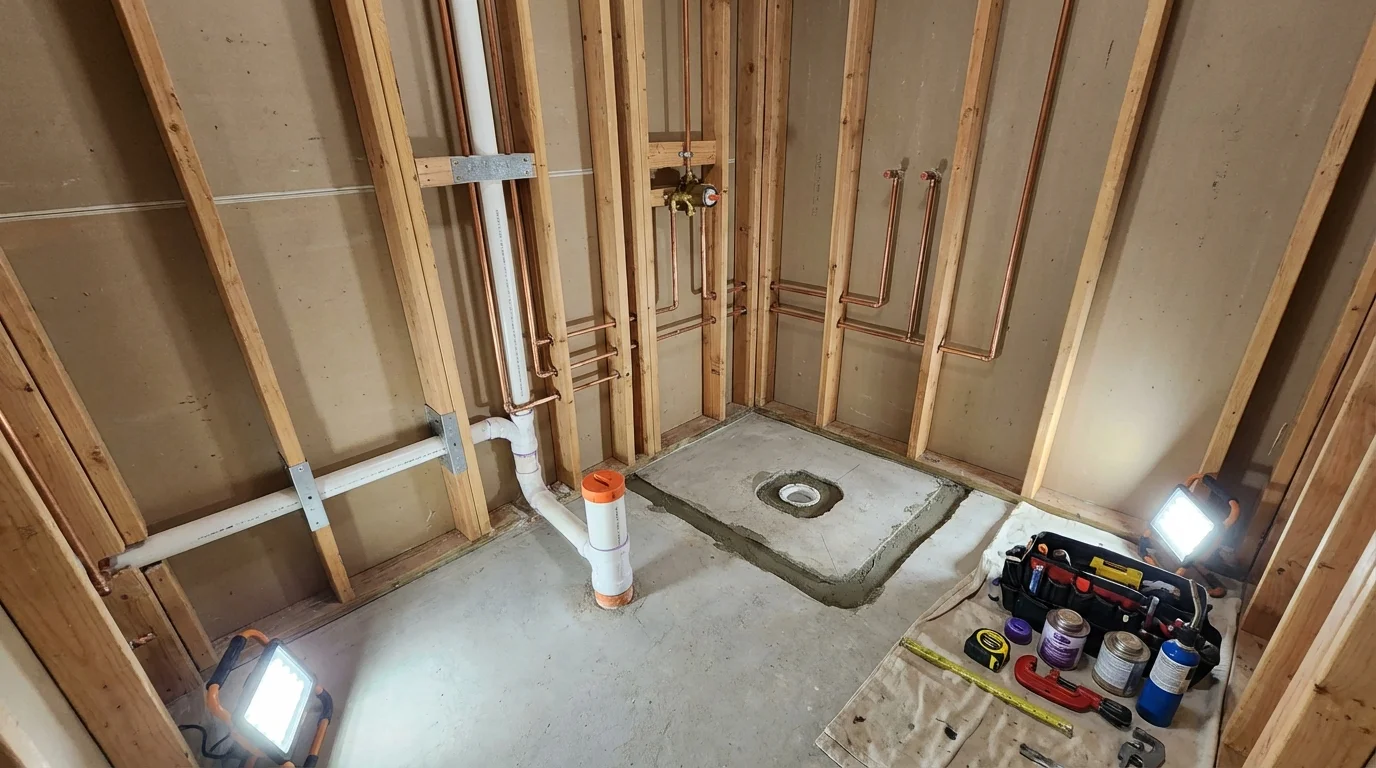 Bathroom rough-in plumbing during remodel by Johns Plumbing LLC in Brandywine