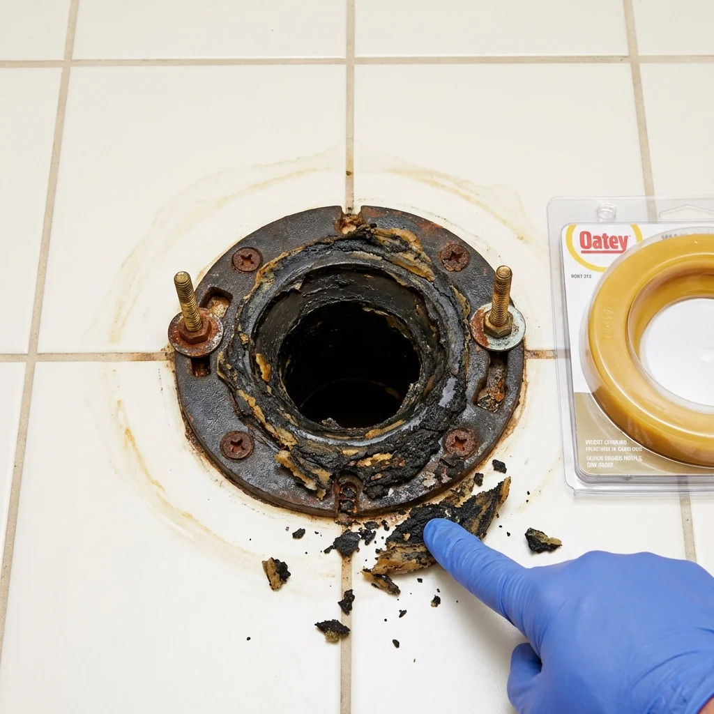 Failed wax ring showing water seepage at the base of a toilet in a Brandywine, MD home